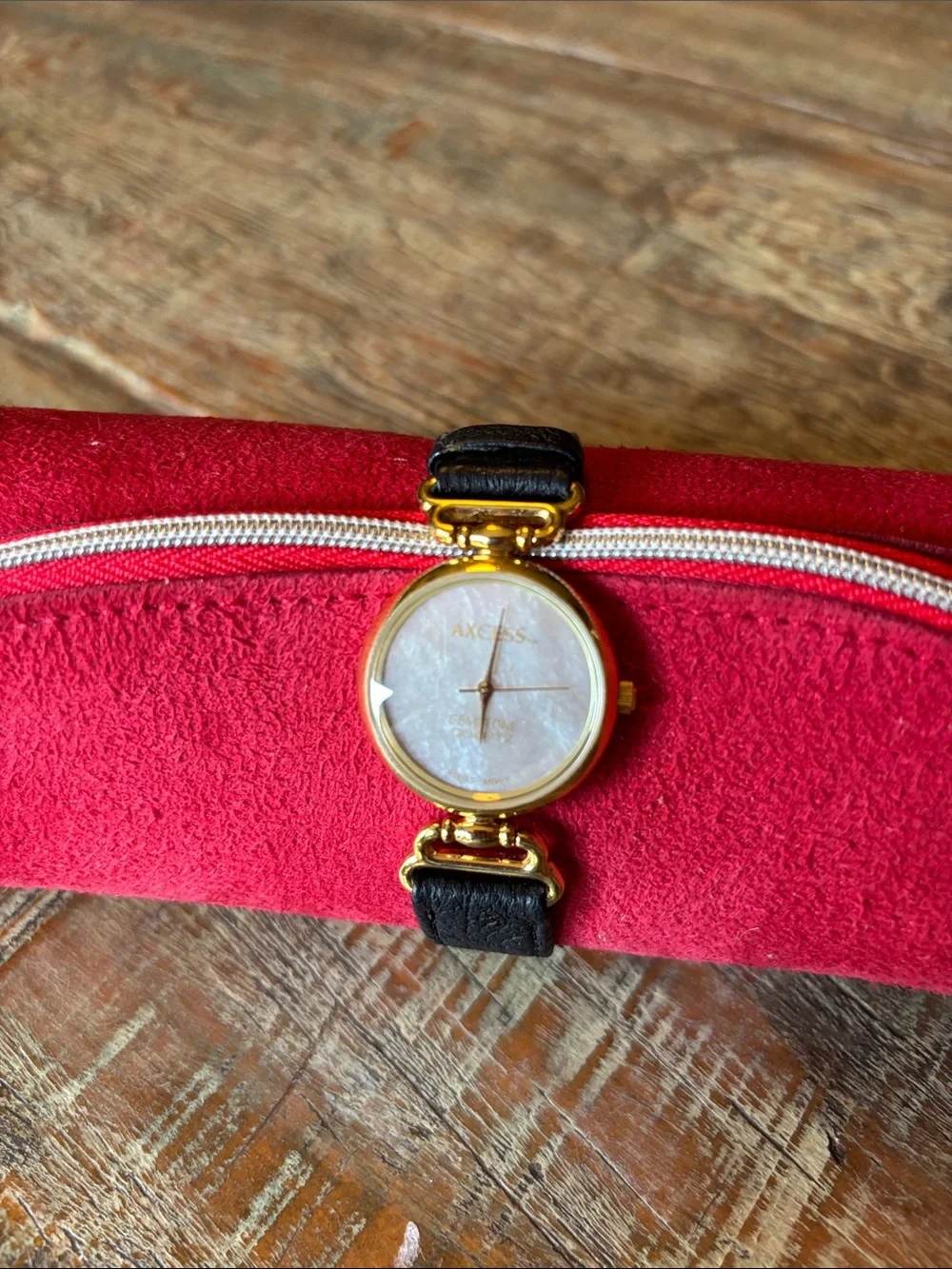 Axcess Gold Tone Case Black Strap Watch with Mother-of-Pearl Dial